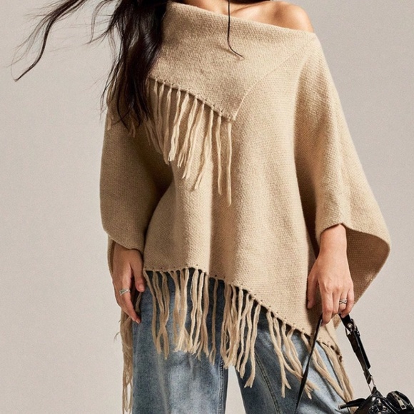 Classic Tan Fringe Detail Oversized Poncho Sweater Top - Picture 5 of 8